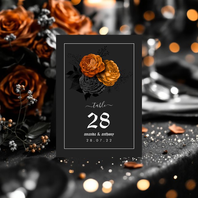Svart och Orange Halloween Blommigt Bröllop Menu Bordsnummer (Black and Orange Halloween Floral Wedding Menu Table Number)
