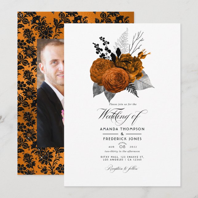 Svart och orange Halloween blomsterbröllopsfoto Inbjudningar (Fram/baksida)