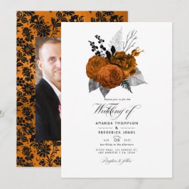 Svart och orange Halloween blomsterbröllopsfoto Inbjudningar