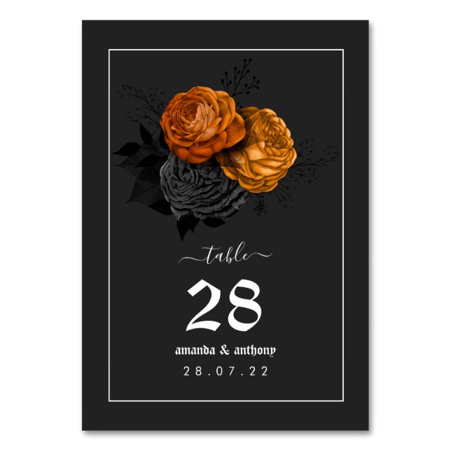 Svart och orange Halloween blomsterbröllopsmeny Bordsnummer (Framsidan)
