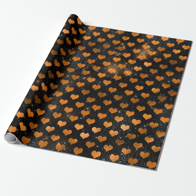 Svart och orange hjärtmönster presentpapper (Utrullad)