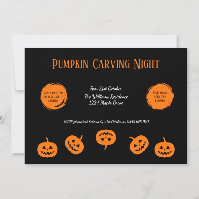 Svart och orange inbjudan till pumpa carving natt (Framsida)