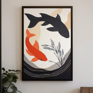 Svart och Orange Koi Fiskestesimålning Poster