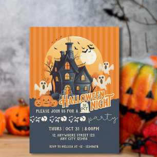 Svart och Orange Modern hemsökt House Halloween Inbjudningar