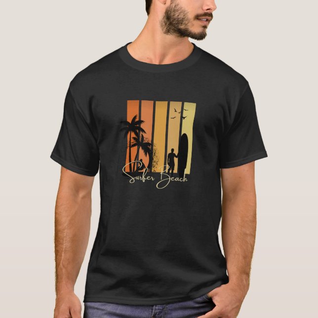 Svart och Orange Modern minimalistisk Surfer Beach T Shirt (Framsida)