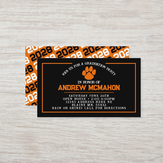 Svart och Orange Pawprint Mini Studenten Inbjudan (Black and Orange Paw Mini Graduation Invites for Friends, Team Mates or as Inserts!)