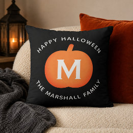 Svart och orange pumpa monogram Halloween Kudde