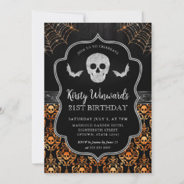 Svart och Orange Skull och Cobwebs 21:a födelsedag Inbjudningar