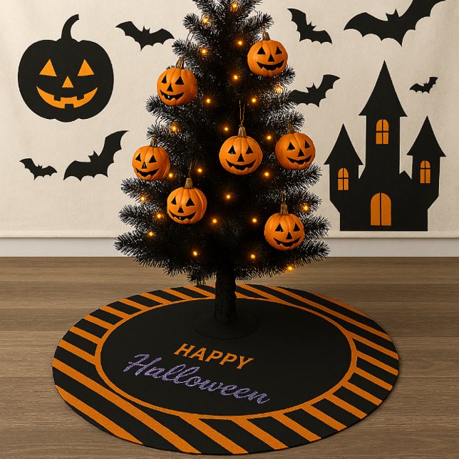 Svart och Orange stripe Happy halloween Julgransmatta Borstad Polyester (Skapare uppladdad)