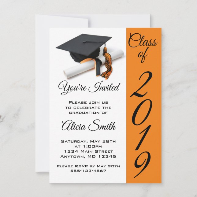 Svart och Orange Studentmössa och Tassel Inbjudningar (Framsida)