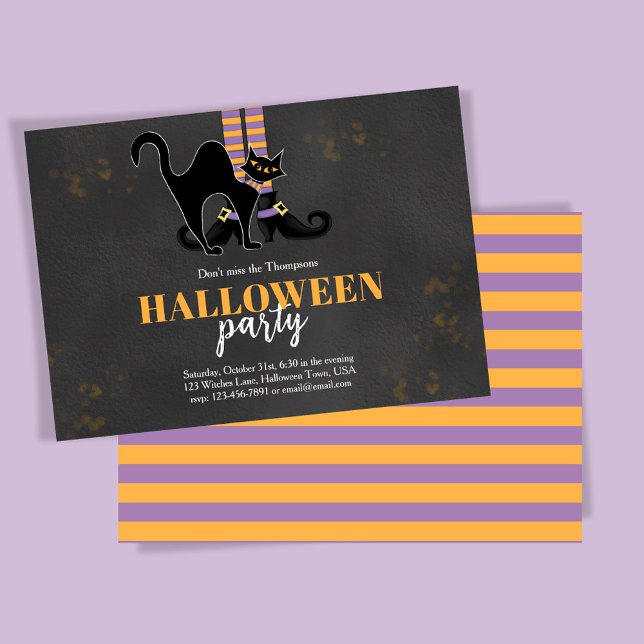 Svart och Orange, svart Födelsedagsfest Inbjudningar (Whimsical Halloween party invitations with witch and black cat. )