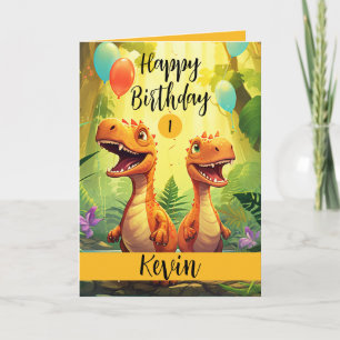 Svart och Orange Trex-ballong 1:a födelsedag Kort