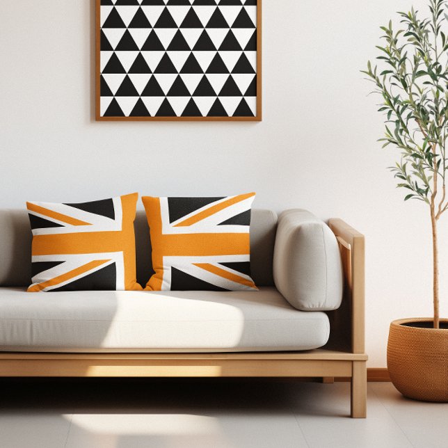Svart och orange Union Jack Halva Kudde (Black and Orange Union Jack Half Throw Pillow)