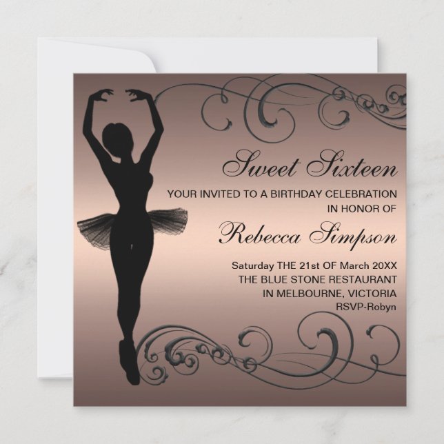 Svart och persiko Ballerina Birthday-inbjudan Inbjudningar (Framsida)