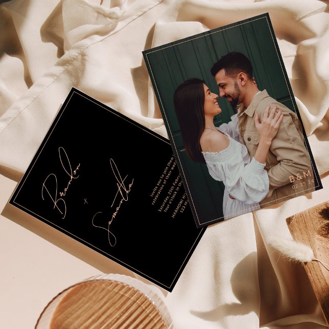 Svart och persikofärgat skriptfoto Bröllop Inbjudningar (Skapare uppladdad)