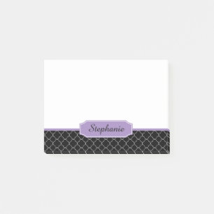 Svart och purpurfärgad Quatrefoil Monogram Post-it Block