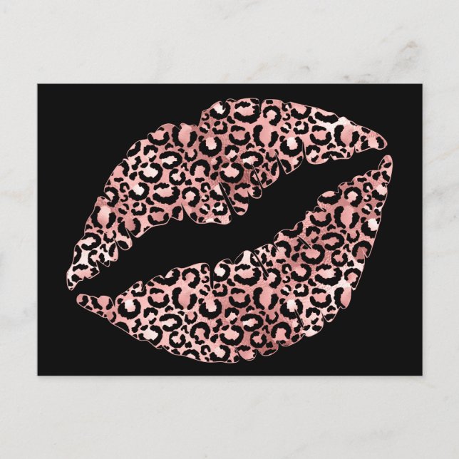 Svart och Ro Guld Leopard Spot Lipstick Kiss Vykort (Framsida)