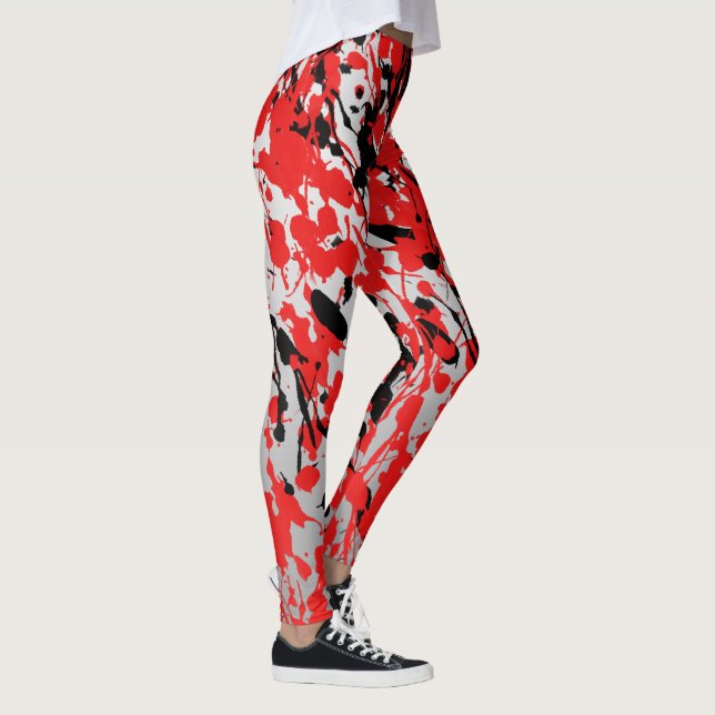 Svart och röd Abstrakt Stänk och dropp Leggings (Höger)