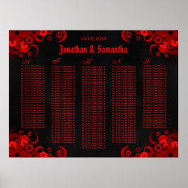 Svart och Röd Blommigt, Bröllop Bord, sittdiagram Poster