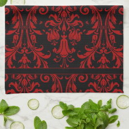 Svart och röd Blommigt Swirls Damask 4 Monogram Kökshandduk