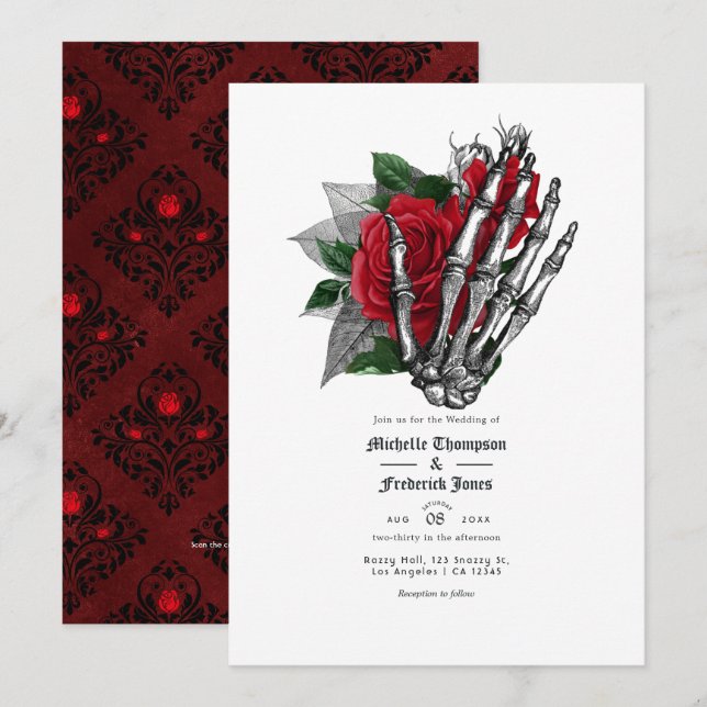 Svart och röd blomster gotisk bröllops QR-kod Inbjudningar (Fram/baksida)
