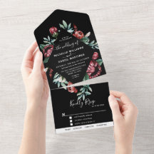 Svart och röd blomsterbröllop All In One-inbjudan