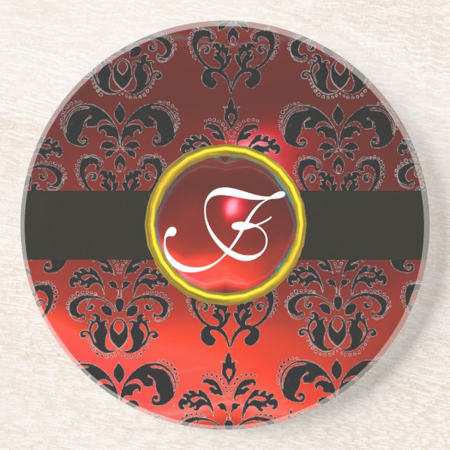 SVART OCH RÖD DAMAST RUBIN Monogram Underlägg Sandsten (Framsidan)