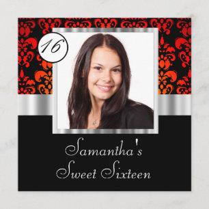 Svart och röd damastast sweet sixteen inbjudningar