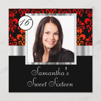 Svart och röd damastast sweet sixteen inbjudningar