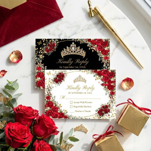Svart och röd gyllene fjäril Quinceañera OSA Kort