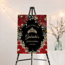 Svart och röd gyllene fjäril Quinceañera välkomsts