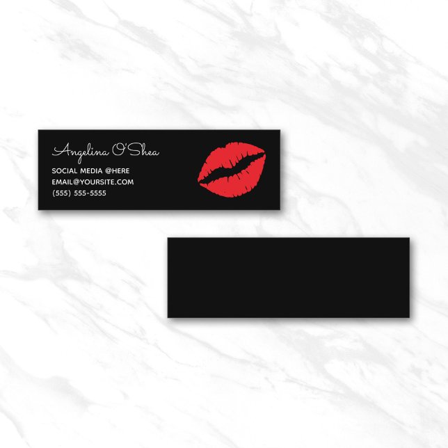 Svart och röd läppstift Whimsical Font Mini Visitkort (Black and Red Lipstick Whimsical Font Mini Business Card)