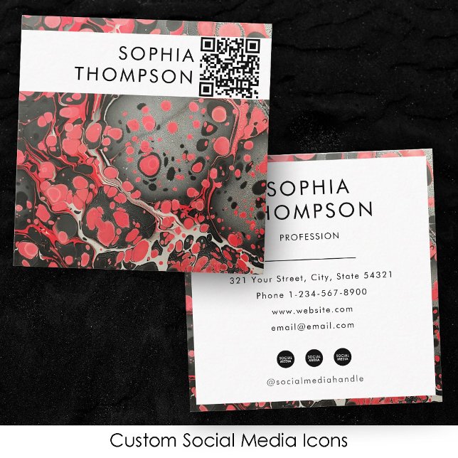 Svart och röd marble Abstrakt QR Code Social Media Fyrkantigt Visitkort (Black & Red Marble Abstract QR Code Social Media Square Business Card)