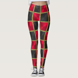 Svart och röd med Guld-kvadrater Leggings