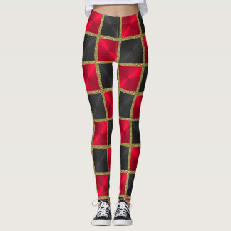 Svart och röd med Guld-kvadrater Leggings