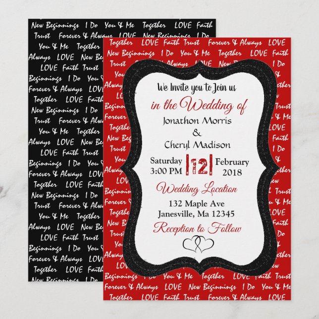 Svart och röd modern romantisk bröllopsinbjudan inbjudningar (Fram/baksida)