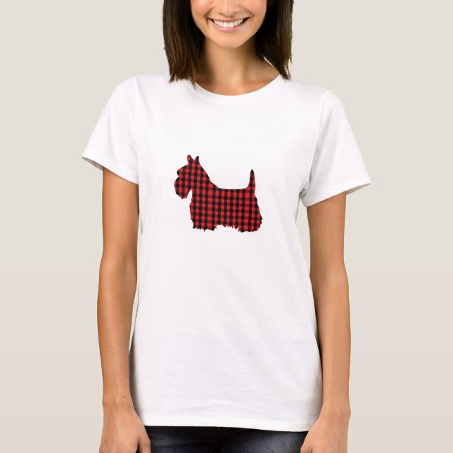 Svart och röd plädScottiehund T Shirt (Framsida)