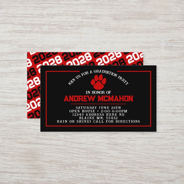 Svart och Röd prick Mini Studenten Inbjudan (Black and Red Paw Mini Graduation Invites for Friends, Team Mates or as Inserts!)