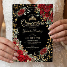 Svart och röd Quinceañera gyllene fjärilar rosor
