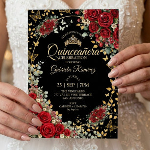 Svart och röd Quinceañera gyllene fjärilar rosor Inbjudningar