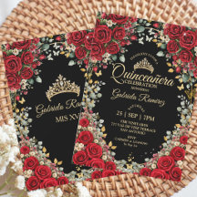 Svart och röd Quinceañera gyllene fjärilar rosor