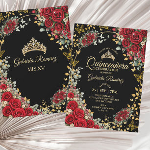 Svart och röd Quinceañera gyllene fjärilar rosor Inbjudningar