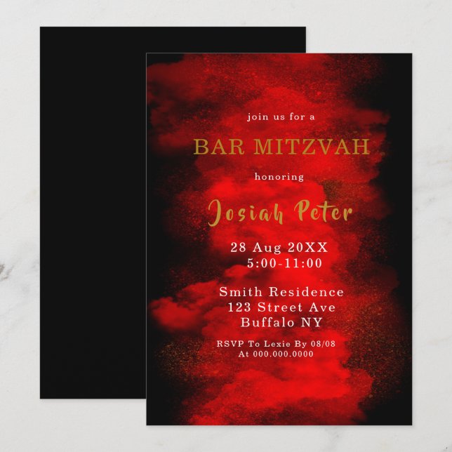 Svart och Röd-rökare Pub Mitzvah-inbjudningar (Fram/baksida)