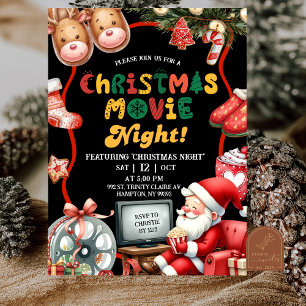 Svart och röd rolig retro julfilmsnatt inbjudningar