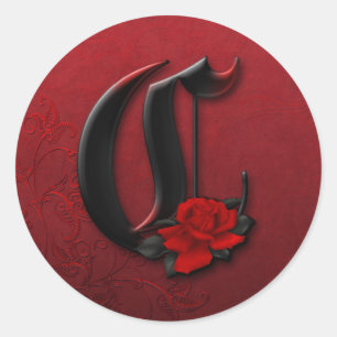 Svart och Röd ros Monogram C-märke Runt Klistermärke
