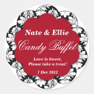 Svart och röd Scallop Damask Candy Buffet Sticker Runt Klistermärke