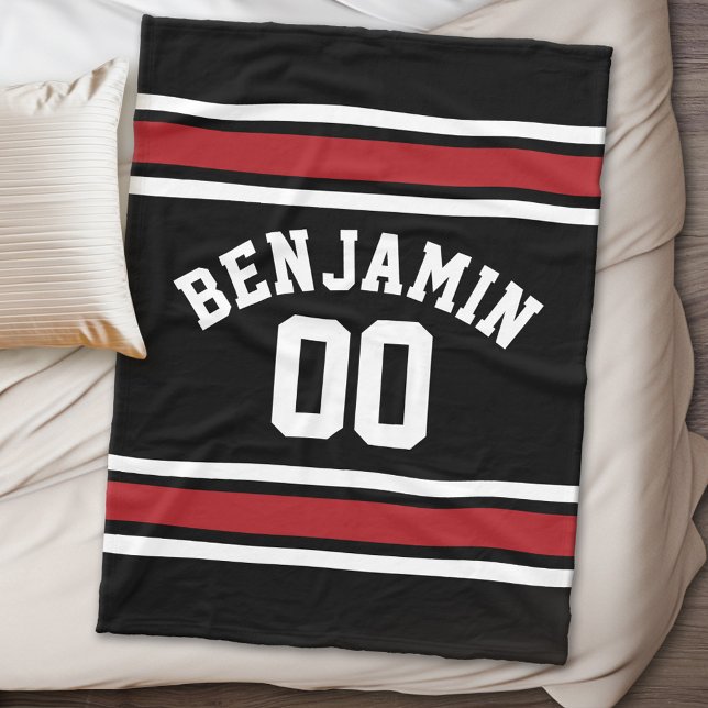 Svart och röd sport Jersey-eget namnnummer Fleecefilt (Personalized fleece blanket - Sports Theme)