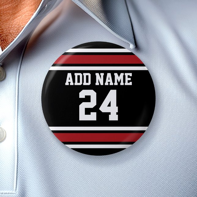 Svart och röd sport Jersey-eget namnnummer Knapp (Custom Button - Sports Theme)