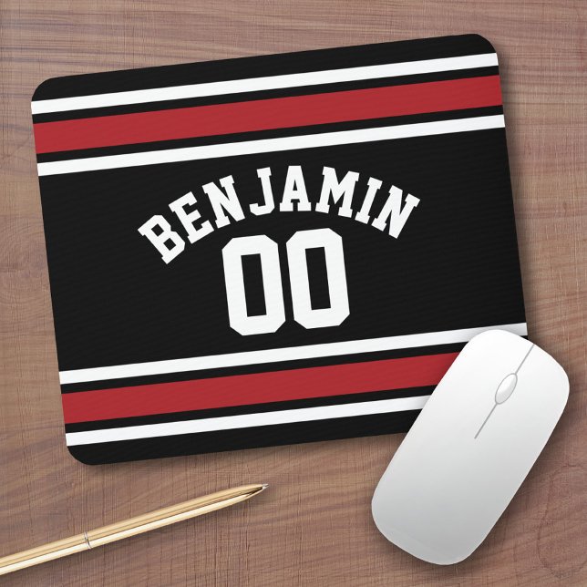 Svart och röd sport Jersey-eget namnnummer Musmatta (Personalized Mousepad - Sports Jersey Theme with custom name)