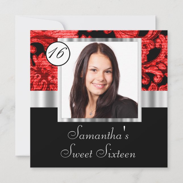 Svart och röd sweet sixteen inbjudningar (Framsida)